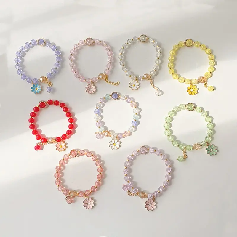 Children Crystal Bracelet Female Summer Hot Flower Pink Crystal Beaded Couple Students Bracelet Little Daisy Non-Fading Bracelet