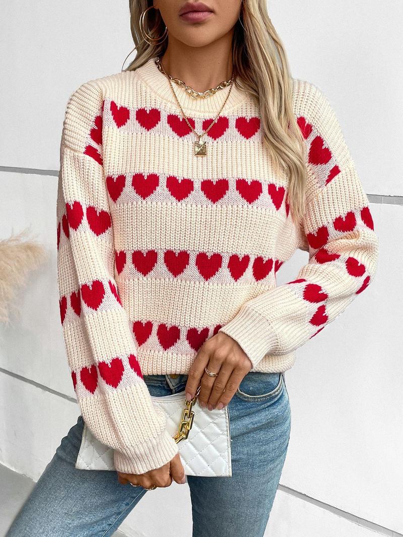 Product Introduction of Women's Heart Print Crew Neck Sweater, Casual Long Sleeve Jumper for Fall & Winter, Fashion Ladies' Knitwear for Daily Wear 6