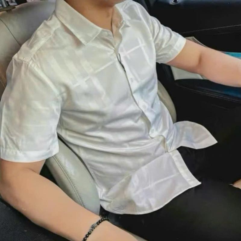 Áo Sơ Mi Vải Lụa Phối sọc chìm Sang Trọng Qúy Phái. Menswear Nam Shirt Có Cổ Trắng 0