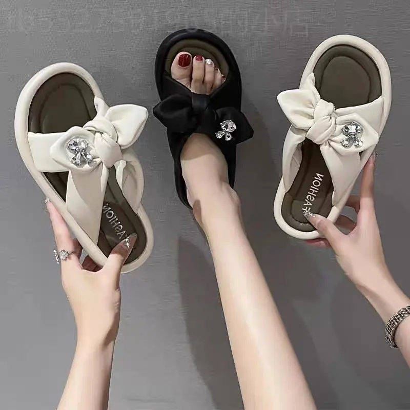 Dép lê nơ thỏ đá 3 màu,hàng hè 2024(êm chân). Đế 3cm DéP Nữ