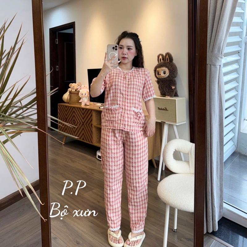 Sét TNQD bộ đũi vân mây cho nữ hoạ tiết kẻ caro tay cộc quần dài có phối ren xịn kèm 2 túi xinh 2 bên cho nữ mặc quanh năm xinh xỉu Women