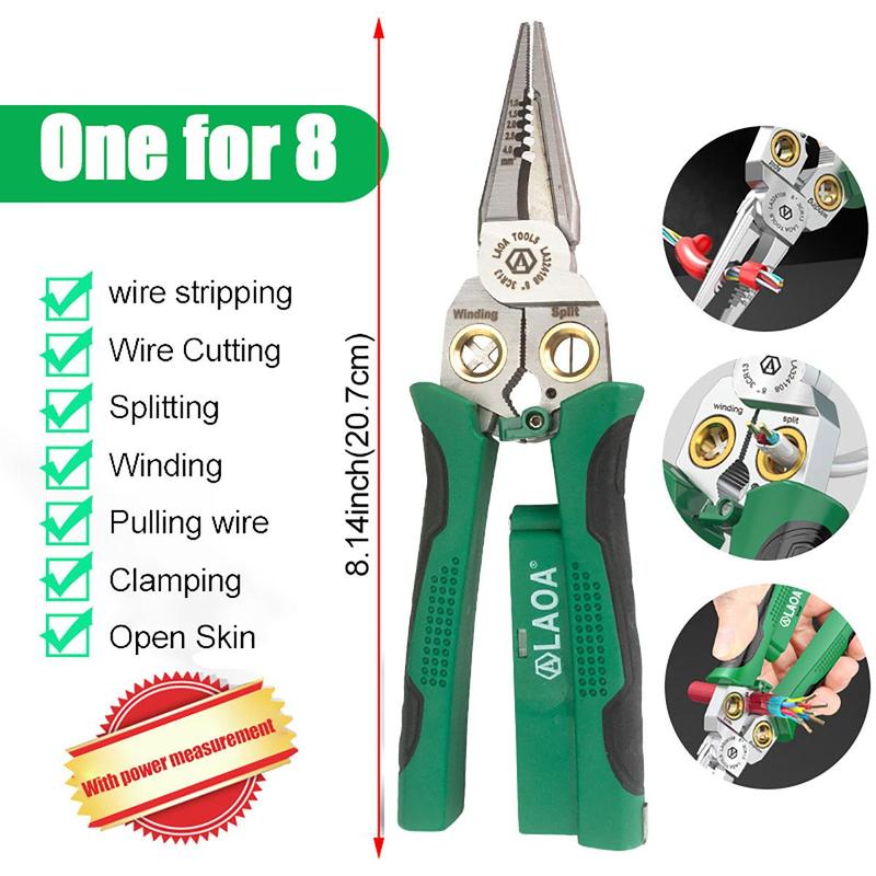 Product Introduction of LAOA 8-in-1 Stainless Steel Multifunctional Wire Stripping Pliers, Wire Winding Electrical Measurement and Electricians Pliers, Professional Hand Tools 1