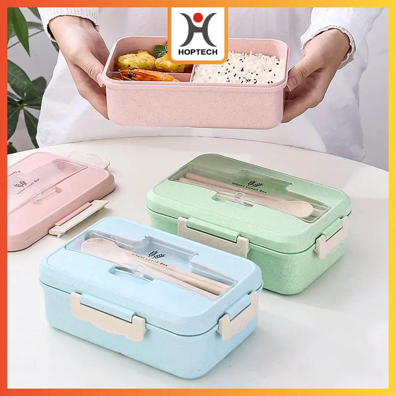 LUNCH BOX SET KOTAK BEKAL MAKAN JERAMI GANDUM KOTAK MAKAN ​1000ML 4-IN-1 FREE SENDOK TEMPAT MAKAN Buah Peralatan Silikon Biru 0