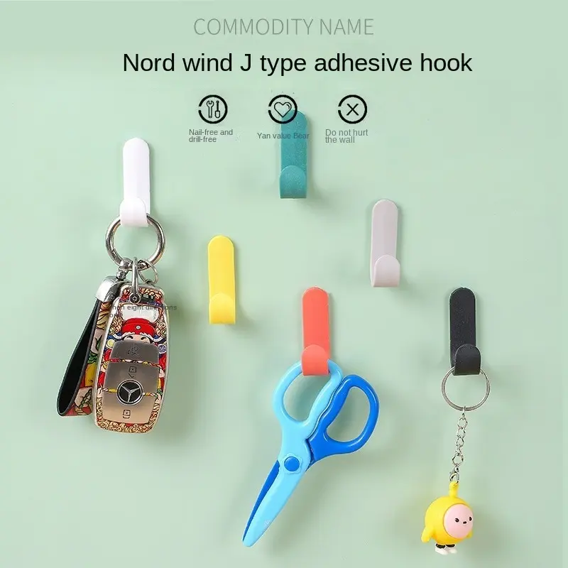 Xiaohongshu J-shaped Hook Strong Adhesive Back Door Hook No Drilling Kitchen Wall-mounted Multi-purpose Plastic Sticky Hook