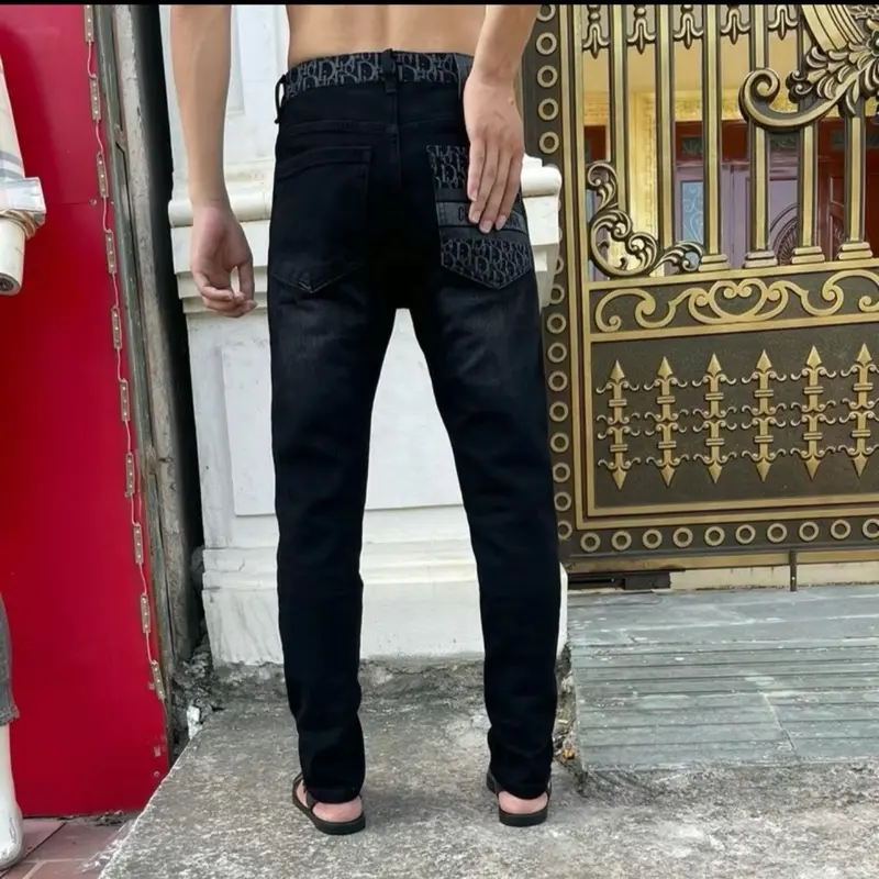 Quần jean bò nam trơn mix hoạ tiết eo túi sau 1