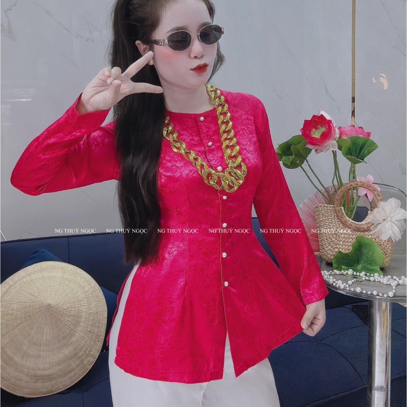 Bộ Quần Áo Bà Ba Nữ Lụa Gấm Hoa Văn Tay Dài Nút Ngọc, Quần Latin Trắng, Nhiều Màu - Có Size. [BOO1] Women Kem