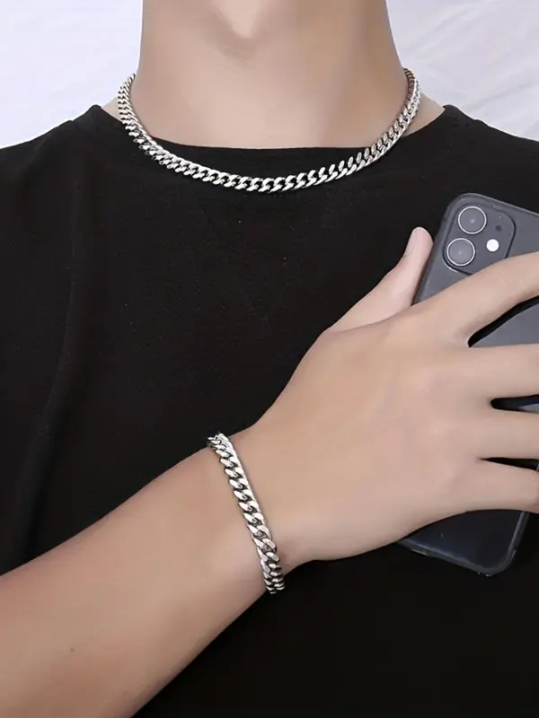Men's Simple Cuban Chain Bracelet & Necklace (2counts), Fashion Hip Hop Stainless Steel Jewelry for Party, Daily Clothing Decor, Trendy All-match & Exquisite Jewelry for Birthday Gift 0