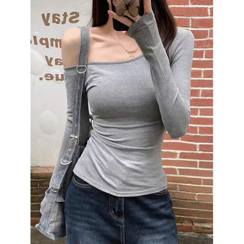 Áo thun dài tay lệch vai cotton mịn DALIE áo ôm body dài tay tôn dáng trẻ trung - A08 3