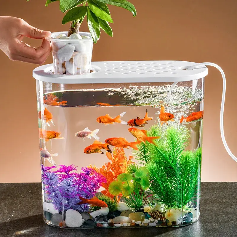 [Ready Stock&COD]new product acrylic small fish tank accessories smart mini  table fish bowl plastic tank with plant