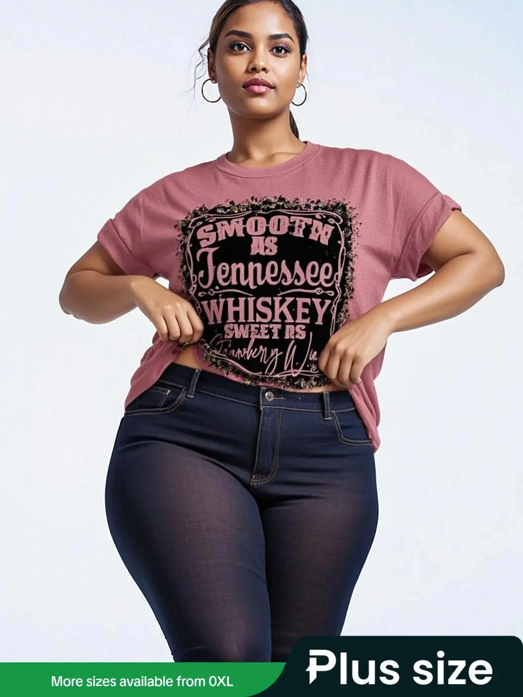 【Plus Size】 Smooth Whiskey Print Round Neck Tee, Casual Short Sleeve Crew Neck T-shirt for Daily Wear, Women Plus Clothing for All Seasons