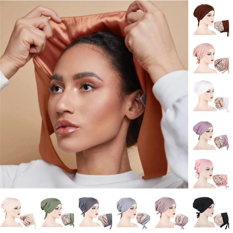 Instant Hijab Muslim Tudung Inner Hijab New Multi-color Satin Cloth Drawstring Pullover Cap Base Cap Strap Tether Cap 0