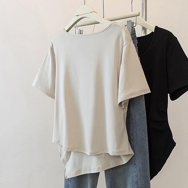 Product Introduction of Quần Áo Nữ Cotton ngoại Cỡ Ins-2024-Ins, Áo Thun Ngắn Tay Dáng Rộng Và Bất Đối Xứng Mùa Hè Cho Cô Gái Đầy Đặn Áo Dài Qua Gối Cổ Vuông Mới OOTD 10