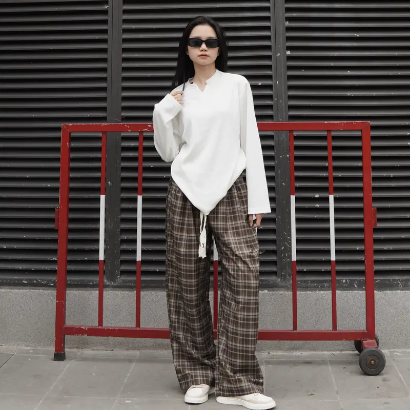 [SARA] Quần Suông Kẻ Caro Ống Rộng Phong Cách Retro Nữ Women Pants Summer 2025 Mã: TD049 6