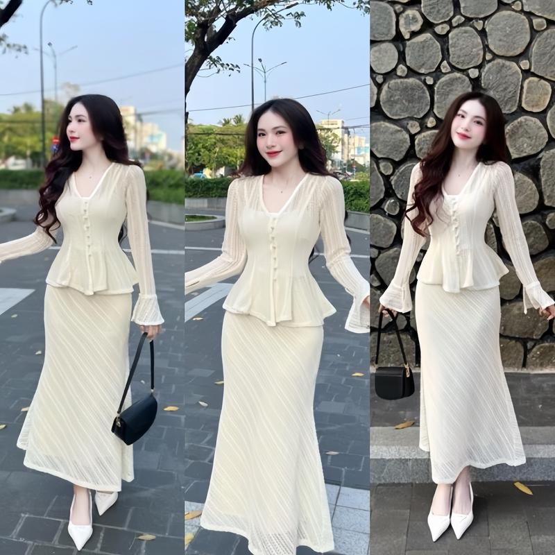 Set đồ nữ len ren áo tay dài đính nút kèm lót mix chân váy suông có lót trong xinh xắn, sang chảnh dành cho các nàng diện đi chơi, đi tiệc Women Top
