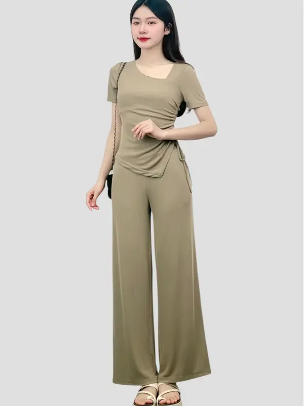 [Set Cổ Lệch Cộc Tay 02] Bộ Set Cổ Lệch Nhún Eo Ngắn Tay Kèm Quần Suông Chất Thun Tăm cho Nữ Jima 121 Women - Áo, Top 2