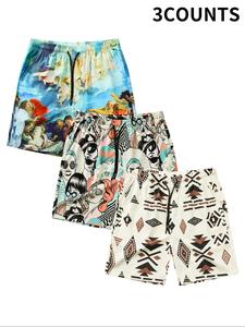 Men's Tribal & Graphic Print Drawstring Waist Shorts, Regular Fit Casual Comfy Beach Shorts, Men's Bottoms for Summer