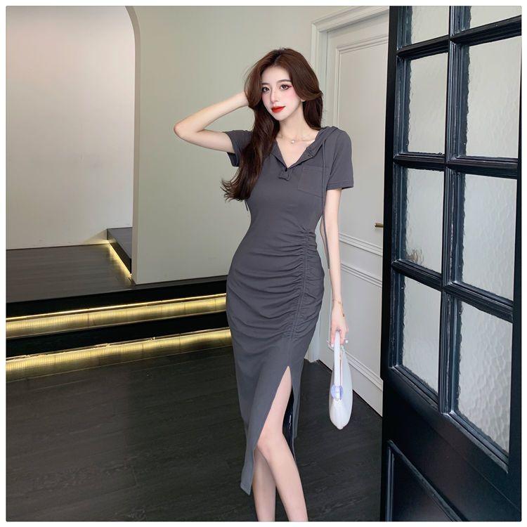 Product Introduction of Casual new style fashionable split mid length hooded skirt with women's summer temperament, waist cinched short sleeved drawstring dress 18