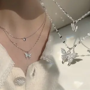 Yarra Kalung Wanita Korea Liontin Kupu-Kupu Rantai Klavikula 2 Layer Aksesoris Perhiasan KLG62