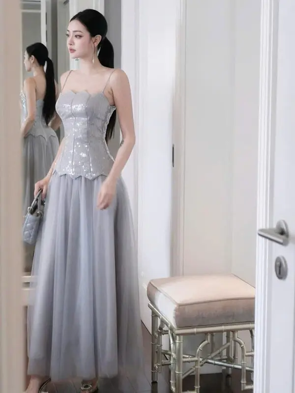 Đầm Hai Dây Kim Sa Thiết Kế Cao Cấp Tina Store Phối Chân Váy Lưới - Phù Hợp Dự Tiệc, Hẹn Hò Sang Chảnh Cho Nữ Women 1