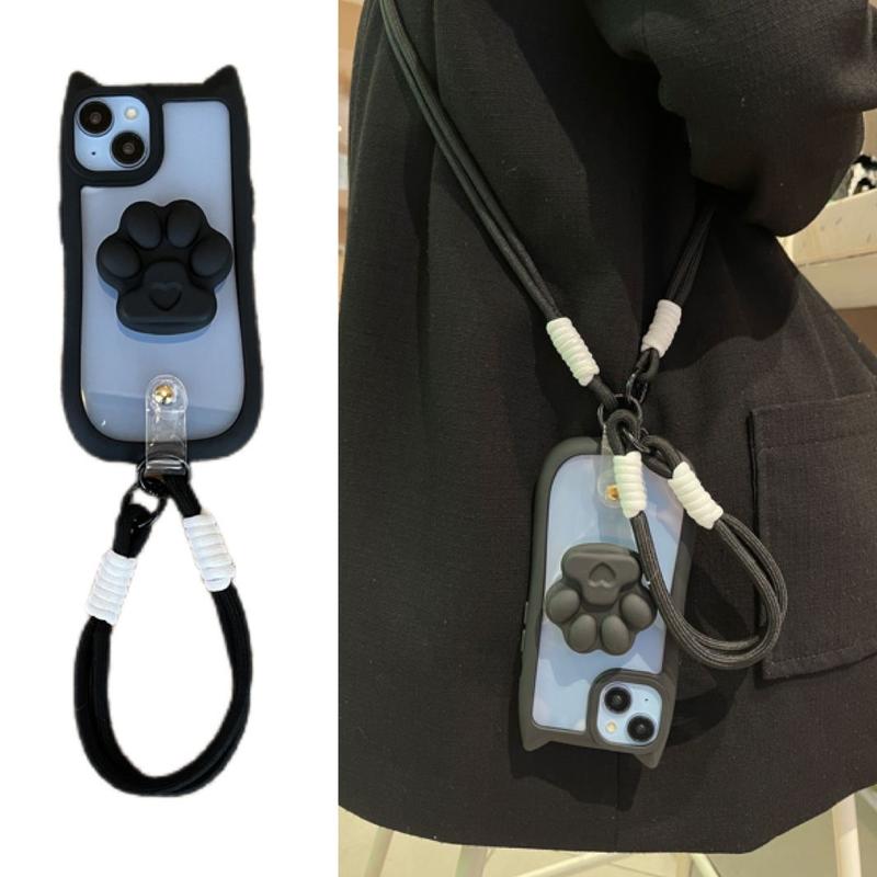 Ốp Điện Thoại Hình Mèo, Trong Suốt, Dành Cho iPhone, Bao Gồm Dây Treo Và Giá Đỡ Màu Đen, Ốp iPhone14promax, iPhone 11 12 13 14 15 Pro Max, Chống Sốc