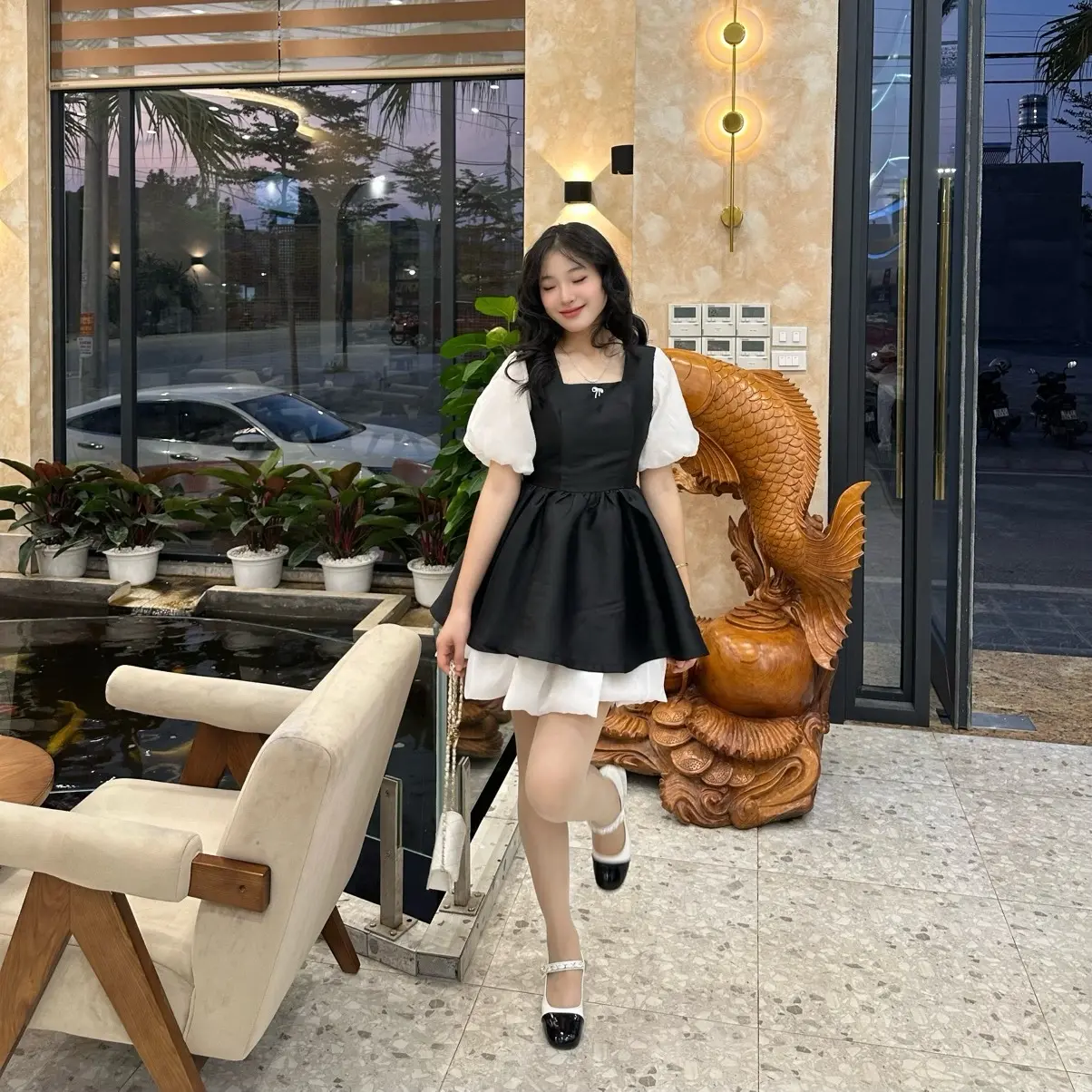 Đầm Phối Trắng Dáng Ngắn  Xòe Bồng Có Dây Thắt Eo Women ( ĐẦM TAY BỒNG)