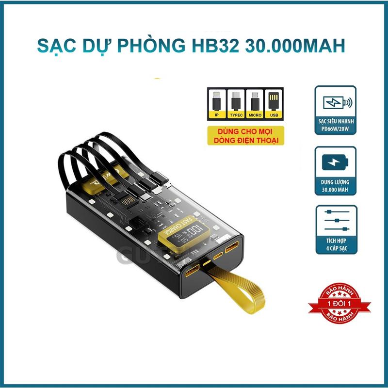 [TẶNG CÁP SẠC NHANH] Sạc dự phòng 30000 sạc nhanh 120W mAh có đèn Led thiết kế trong suốt