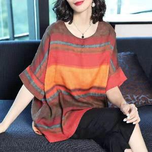 M-6xl 100KG can wear Plus Size Rainbow Stripe T-shirt for Women Short Sleeve Shirts Loose foreign flavor half sleeve Oversize Trendy Casual Tops Women's t shirt Round Neck