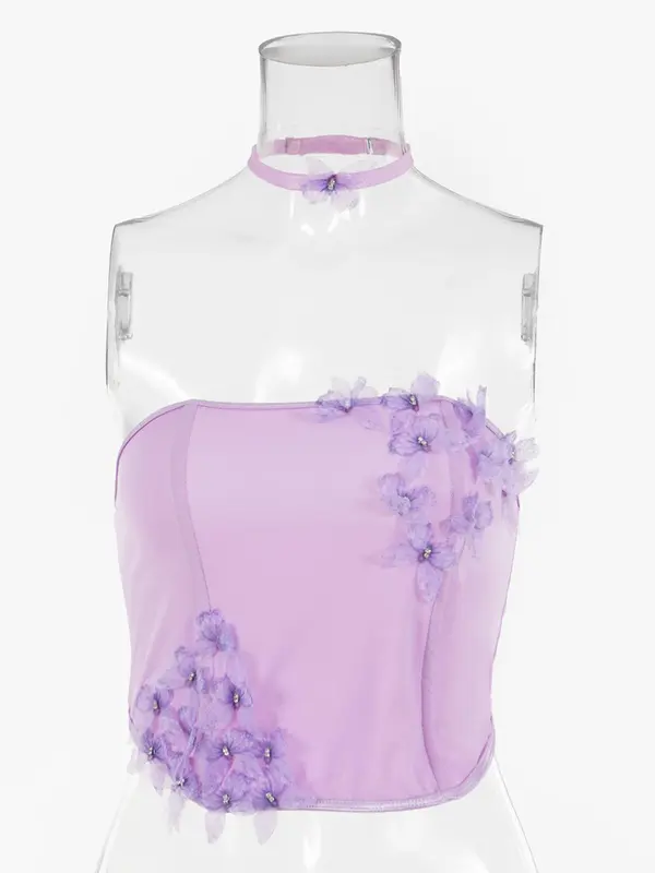 Women's Butterfly Decor Crop Tube Top ＆ Choker, Casual Strapless Top for Daily Wear, Ladies Clothes for All Seasons 4