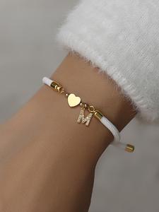 Pulsera de eslabones con dije de corazón inicial, Joyería versátil para mujeres, Pulsera de cuerda ajustable retro para uso diario