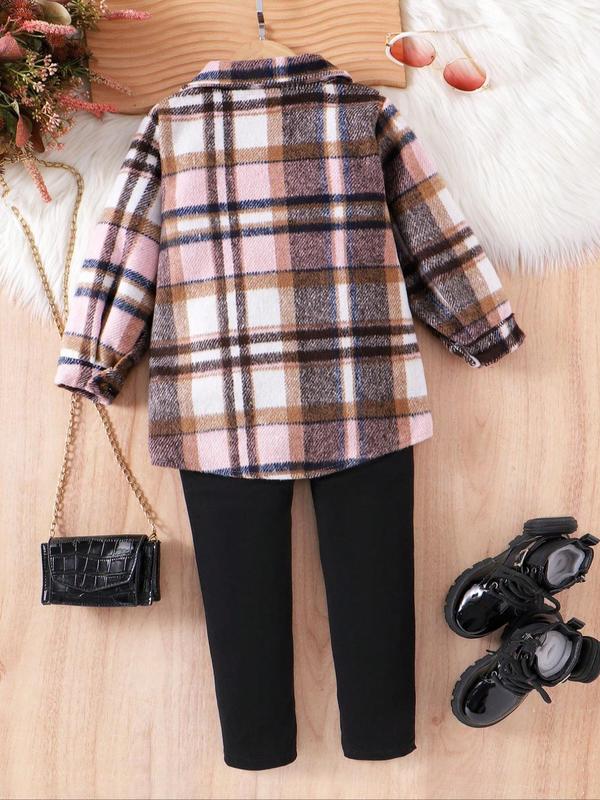 Two-Piece Set Girl's Plaid Print Button Front Shirt & Overalls Set, Casual Long Sleeve Collared Top & Jumpsuit for Spring & Fall, Kids Clothes for Daily Wear 1