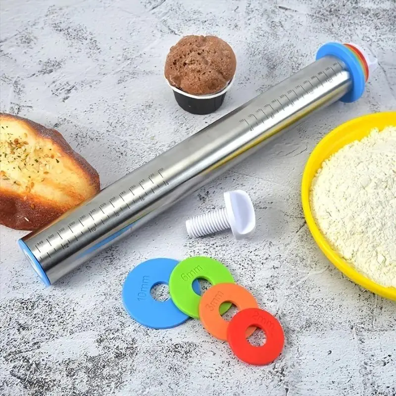 Household Rolling Pin with Adjustable Thickness Ring, 1 Count Kitchen Gadgets for Home Baking, Kitchen Accessories