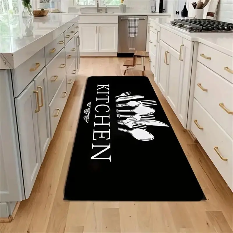 Kitchen Floor Mat, 1 Count Non-slip Washable Polyester Mat with Utensil Illustrations, Kitchen Rugs, Home Decor, Kitchen Accessories