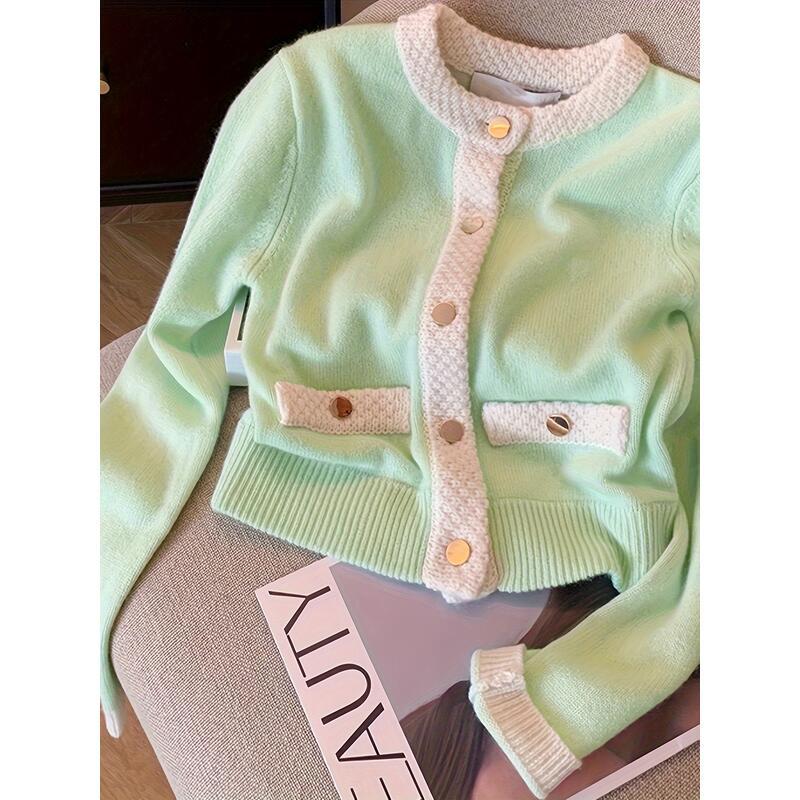 Áo Cardigan Dệt Kim, Trang Trí Tương Phản, Nút Phía Trước, Tay Áo Dài, Phong Cách Thường Ngày Thích Hợp Cho Mùa Xuân Và Mùa Thu, Quần Áo Nữ 0