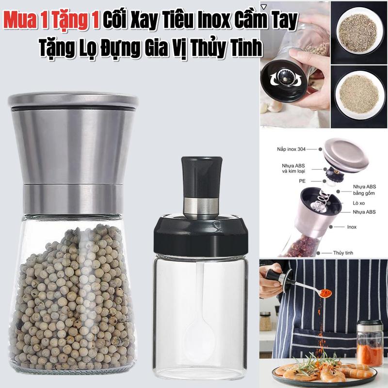 Mua 1 Tặng 1 Cối Xay Tiêu Inox Cầm Tay Chất Liệu Thủy Tinh Nắp Inox,Lọ Xay Tiêu Cầm Tay Nhỏ Gọn. Máy Xay Hạt Đa Năng Tặng Lọ Đựng Gia Vị Thủy Tinh Kèm Muỗng 250ml Tiện Lợi Lọ xay tiêu cối xay hạt tiêu