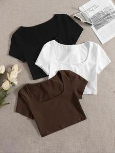Paquete de 3 tops cortos con escote cuadrado - Camisetas básicas de manga corta en color sólido