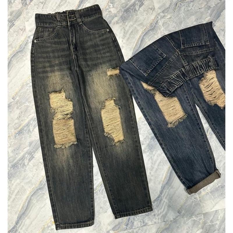 [01] Quần Jeans Baggy Lưng Chun 2 Khuy Rách 2 bên màu Bụi Có Túi Pants 1