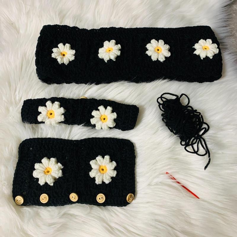 Cute Crochet Flower Car Steering Wheel Cover, Crochet Car Steering Wheel Cover with 2 Belt Covers, Fashion Car Interior Accessories, Decoration 3