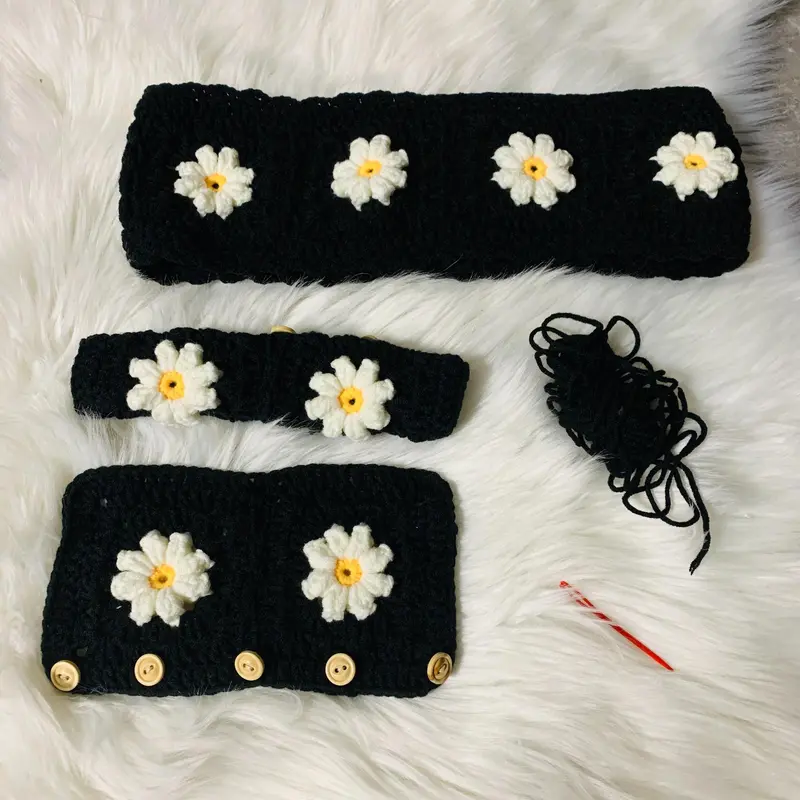 Cute Crochet Flower Car Steering Wheel Cover, Crochet Car Steering Wheel Cover with 2 Belt Covers, Fashion Car Interior Accessories, Decoration 3