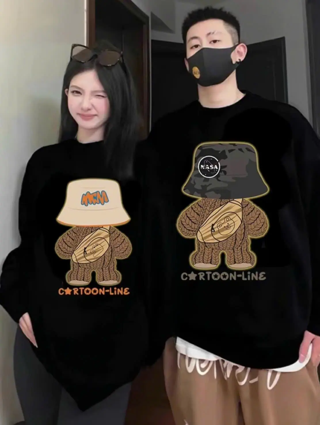 Áo đôi nỉ bông sweater hình gấu đội mũ in 5D form rộng phong cách Hàn Quốc