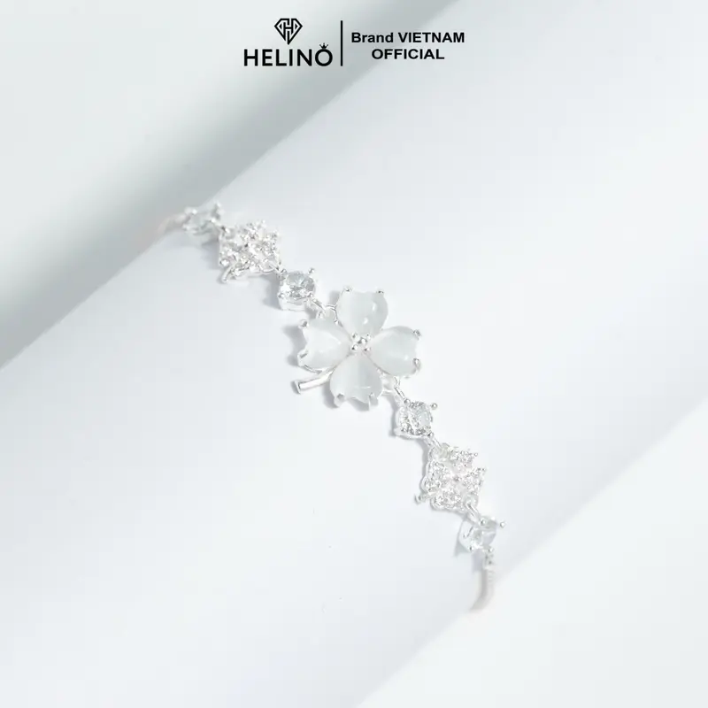 Bộ sản phẩm bạc 925 HELINO Cỏ bốn lá đính đá mắt mèo, dây chuyền, lắc tay, nhẫn, trang sức cao cấp, quà tặng sinh nhật, kỷ niệm 4
