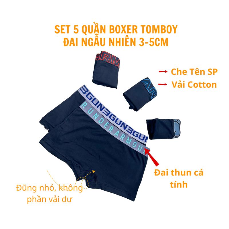 Combo 5 Quần boxer Tomboy - Chất cotton -  Đai Thun cá tính ngẫu nhiên - Quần Sịp đùi - Êm, thoải mái, thấm hút mồ hôi - Menswear Nhung không phần vải dư