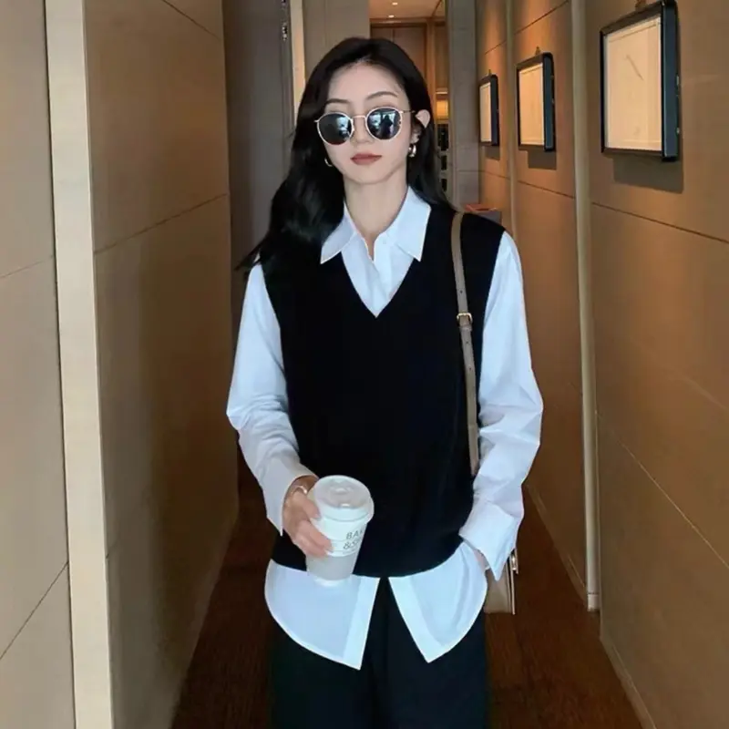 rompi sweater hitam polos cewek ala korea oversize v-neck rajut atasan cewek old money kasual serbaguna s-xl 1