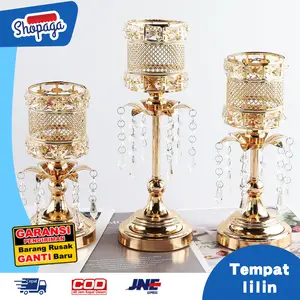 NEW! Tempat Lilinnya 3 Height Liontin Kristal Candle Holder Golden Crystal Tea Light  Sparklers Wedding Candelabra Wedding Table Kokoh n Cantik Elegan Gagang Gold Wadah Bedroom Retro Bedroom Bunga Lilin Stainless Steel Retro Bedroom Wedding Stability