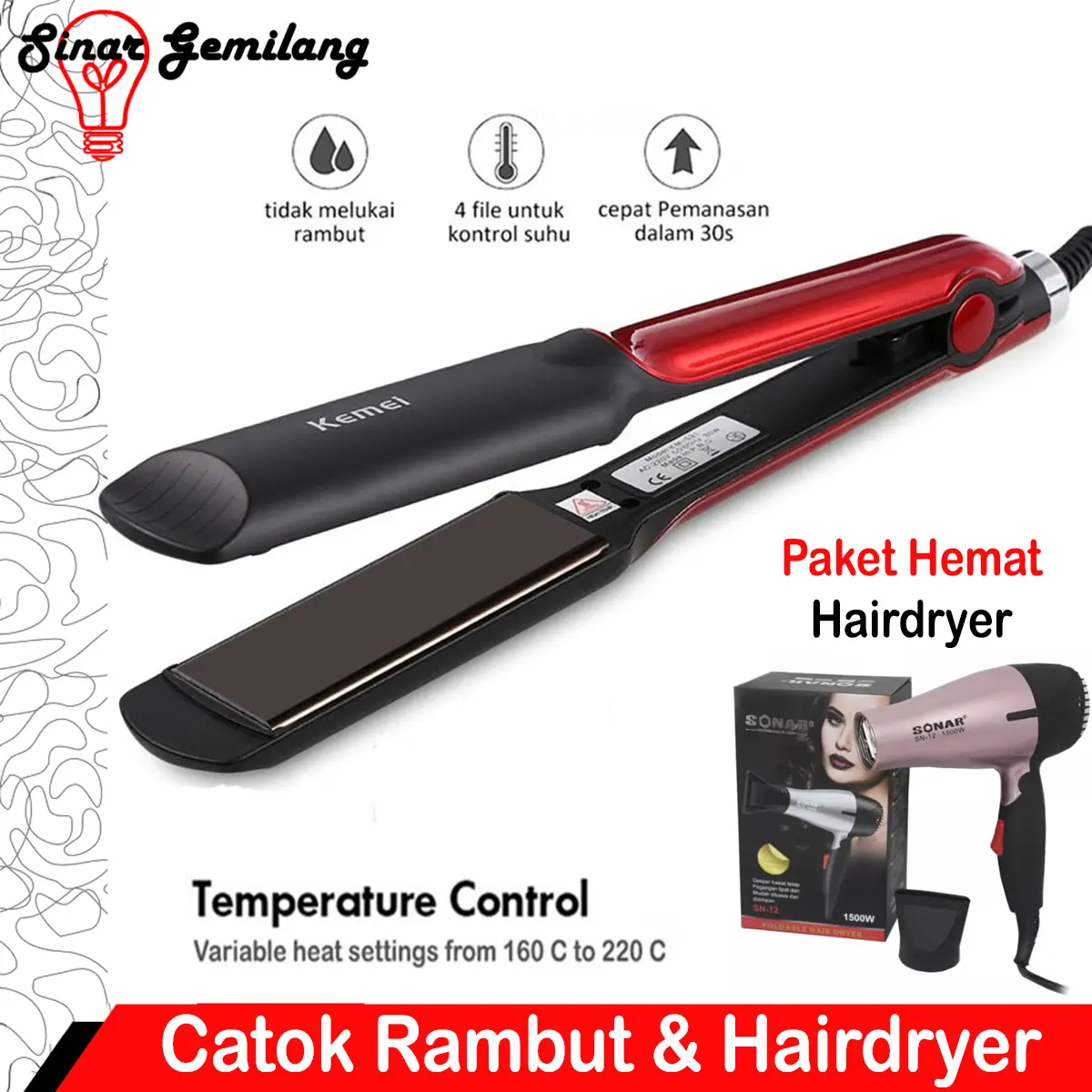Paket Catok Pelurus Rambut Kemei KM-531 Catokan Dan Hairdryer Original Cepat Panas