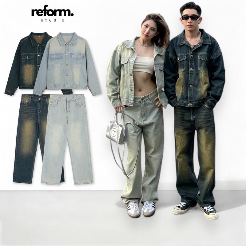 Set Jeans Gồm Áo Khoác Và Quần Jean Suông Xanh Nhạt, Xanh Rêu Đậm Wash Reform RF-S2 Top Rách Pants