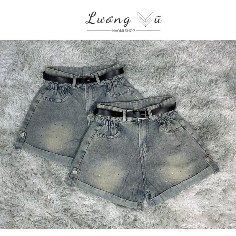 Quần đùi Jean nữ NAOMI Quần short denim đính đá chun cạp gấp gấu cài khuy 2 bên mới lạ QSJ04 