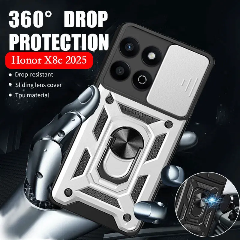 Honor X8C 2025 Shockproof Armor Casing Push Pull Camera Protect Phone Case For Honor X8c X 8c  X5b Plus X7C X8c X9c HonorX8C 4G 5G Car Holder Ring Shockproof Back Cover