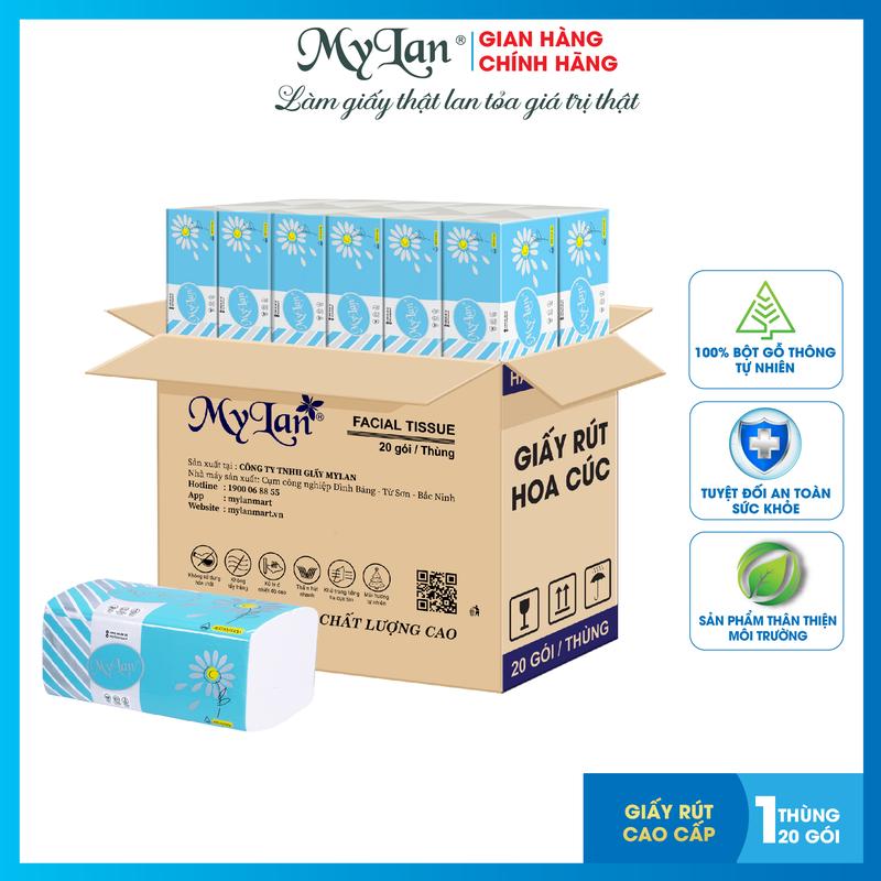 Khăn giấy rút cao cấp Mylan,  rút hoa cúc, 100 tờ/gói, 20 gói/thùng Giấy Ăn