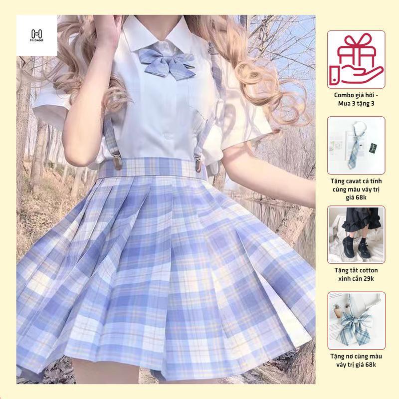 MUA 3 TẶNG 3 Set bộ chân váy jk kẻ sọc xếp ly caro áo sơ mi trắng ngắn tay trơn basic kèm quần bảo hộ TẶNG (nơ, tất, cà vạt)