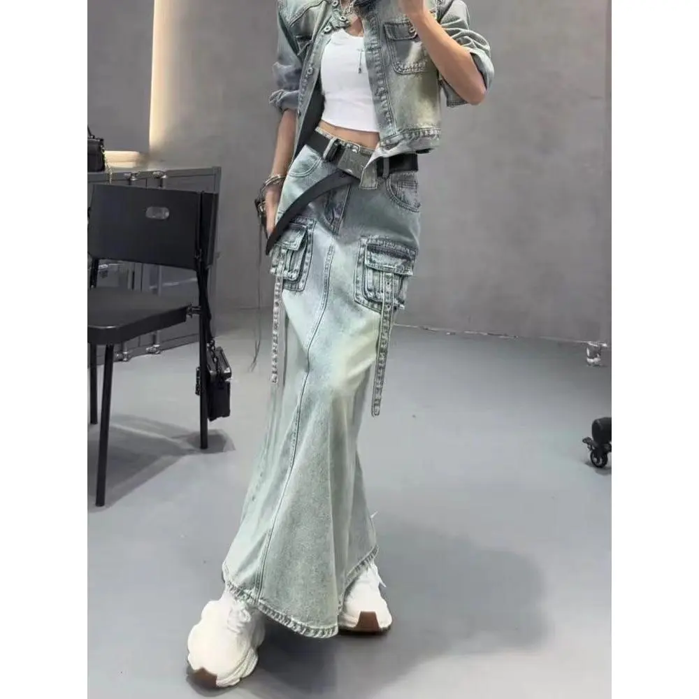 Bộ Áo Khoác Denim Xẻ Tà Phong Cách Cổ Điển Trang Phục Bảo Hộ Lao Động, Phong Cách Mỹ, Dành Cho Nữ, Váy Cạp Cao Phong Cách Hàn Quốc, Váy Bó Sát Bộ Đồ Hai Mảnh, Thời Trang